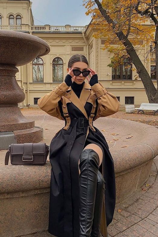 Fall aesthetic, black turtleneck dress with trench coat and leather boots